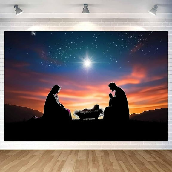 7 x 5 ft Nativity Backdrop Birth of Jesus Photograph Backdrop, Merry Christmas Nativity Scene Backdrop Banner Christmas Night Starlight Holy Family Background Decor Photo Booth Props