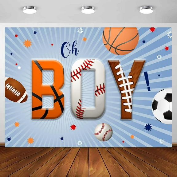 7 x 5 ft Oh Boy Backdrop, Sport Theme Baseball Scoccer Baskerball Photo New Born Gender Reveal Backdrop, Boys Happy Birthday Background Polyester Photo Props Party Supplies