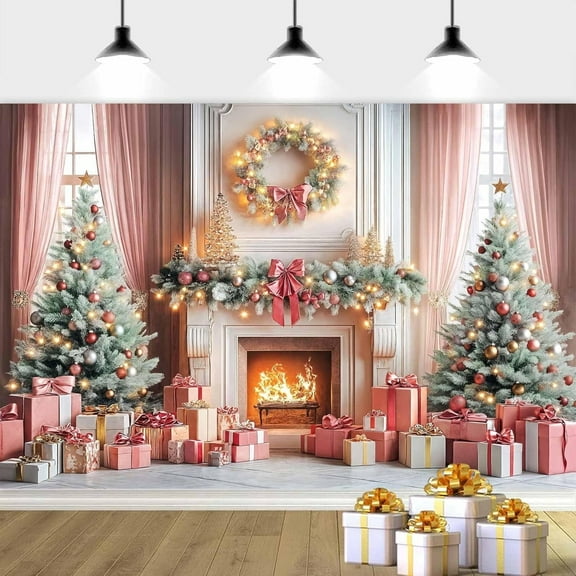 7 x 5 ft Pink Christmas Backdrop Christmas Fireplace Backdrop, Winter Xmas Tree Gift Background Fireplace Photography Background Holiday Party Decorations Photo Studio Props