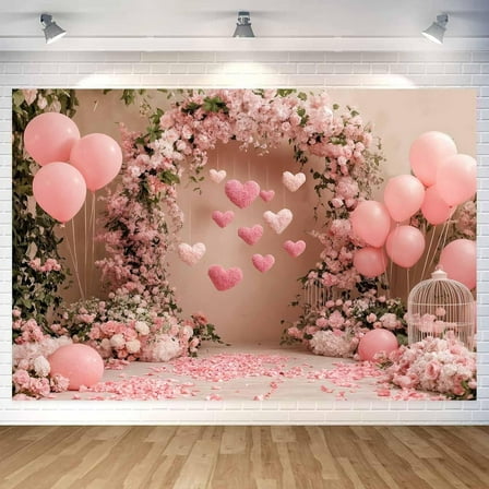 7 x 5 ft Pink Dreamy Wedding Photo Backdrop, Flower Arch with Pink Heart Balloons Decor Background for Baby Shower, Girls Birthday Party Decoration Studio Props Backdrop
