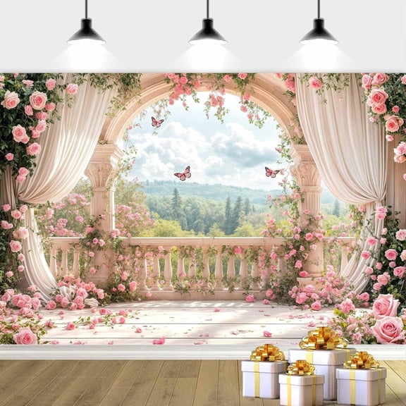 7 x 5 ft Pink Floral Photography Backdrop, Retro Flowers Photography Backdrop Dreamlike Wedding Portrait Photo Background Wedding Birthday Party Background Banner Decor