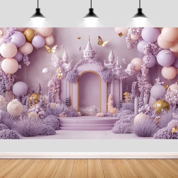 7 x 5 ft Princess Theme Castle Birthday Party Photo Backdropfor Girls, Purple Arch Balloon Flower Castle Floral Butterfly Fairy Tale Background for Women Girl's Birthday Party Decoration Photo Props