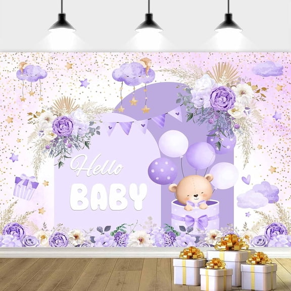 7 x 5 ft Purple Baby Shower Backdrop Cute Purple Boho Floral Baby Shower Backdrop, Girl's Birthday Cartoon Birthday Party Background Decor Photo Booth Props