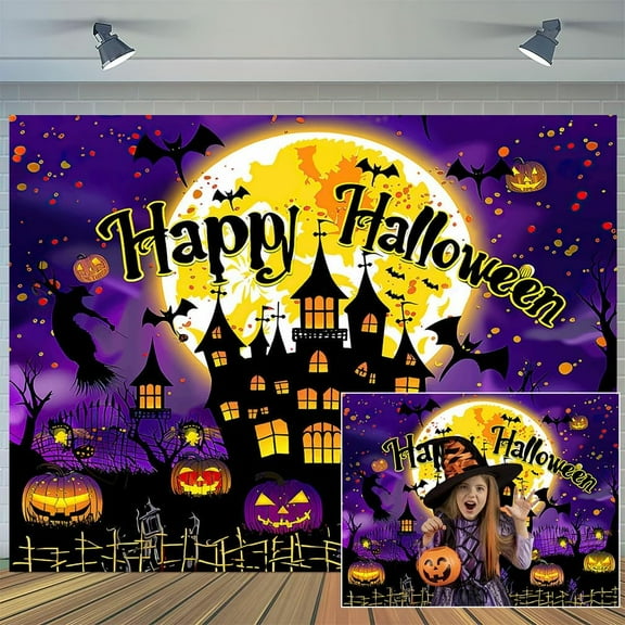 7 x 5 ft Purple Happy Halloween Castle Garage Door Decoration Background Night Moon Backdrop Bat Pumpkin Devil Pumpkin Graveyard Photography Birthday Hallowmas Banner Cover