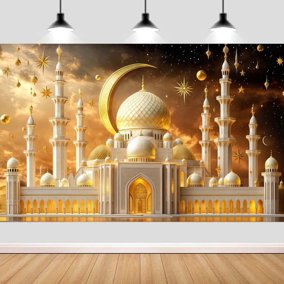 7 x 5 ft Ramadan Eid Mubarak Backdrop Decorations, Ramadan Lantern Light Moon Star Mosque Castle Pattern Backdrop Islamic Muslim Festival Party Background Banner Decoration Photo Banner Booth
