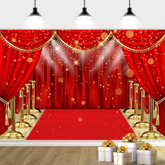 7 x 5 ft Red Carpet Backdrop, Glitter Stage Photography Backdrop Retro Glitter Red Gold Photo Background Movie Party Wedding Party Decoration Banner Photo Booth Props