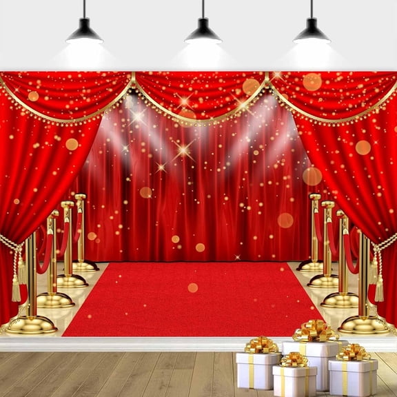 7 x 5 ft Red Carpet Backdrop, Glitter Stage Photography Backdrop Retro Glitter Red Gold Photo Background Movie Party Wedding Party Decoration Banner Photo Booth Props