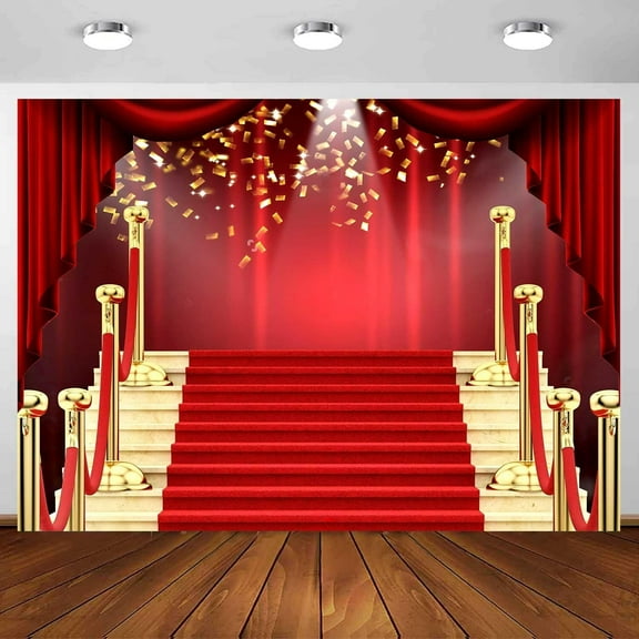 7 x 5 ft Red Carpet Backdrop Red Curtain Staircase Movie Star Event Photo Background, Movie Night Golden Glitter Event Banner for Birthday Party Photography Pops Supplies Decor