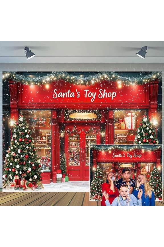 7 x 5 ft Red Christmas Photo Backdrop Santa's Toy Shop Photography Background Xmas Tree Gift Snow Window Store Backdrop Christmas Wall Decoration Winter Gift Background Photo Booth