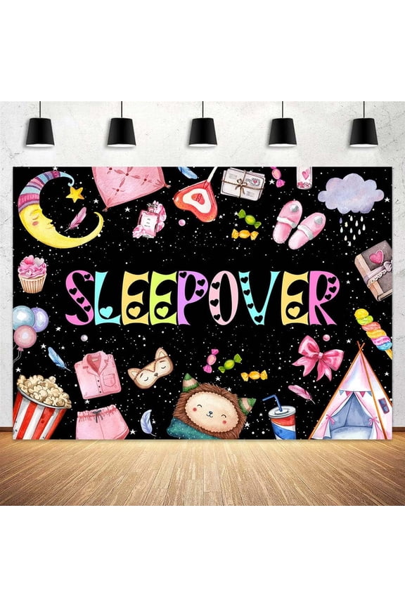 7 x 5 ft Sleepover Party Backdrop Movie Night Slumber Spa Birthday Party Banner Black Pink Pajamas Adults Pillow Fight Theme Decorations Photo Studio Booth Backdrops Supplies