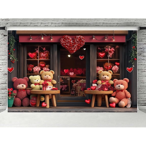 7 x 5 ft Valentine's Store Backdrop, Red Valentine's Day Rose Flower Shop Store Backdrop, Romantic Love Heart Cute Bear Background Valentine's Party Photo Studio Props Banner