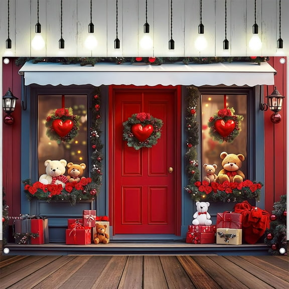 7 x 5 ft Valentines Shop Backdrop Polyester Red Valentines Day Store Rose Flower Background, Romantic Love Theme Valentine's Party Banner Photo Studio Props Supplies