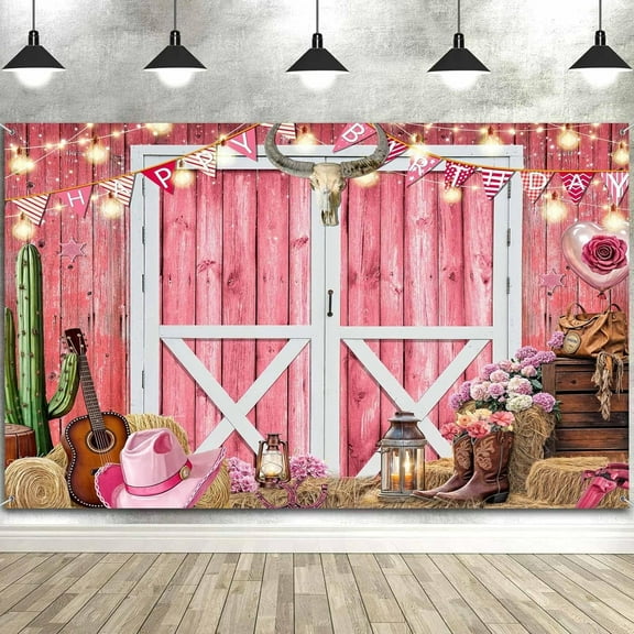 7 x 5 ft Western Cowgirl Backdrop Pink Western Cowboy Photography Backdrop, Rustic Wooden House Barn Background Wild West Barn Door Background Birthday Party Banner for Kids Adult