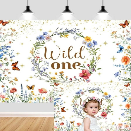 7 x 5 ft Wildflower 1st Birthday Backdrop Decorations, Floral Our Little Wildflower is Turning One Background Decorations for Girl Newborn 1st Birthday Wild One Party Banner Photo Studio Props