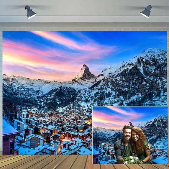7 x 5 ft Winter Mountain Village Matterhorn Photoshoot Backdrop Natural Scenery Austria Hallstatt Alps Mountain Background for Party Decor Winter Holiday Christmas Photoshoot Studio Booth Props