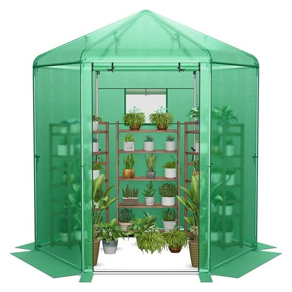 7 x 6 x 7.5 FT Walk-in Greenhouse, Large Outdoor Heavy Duty Greenhouse with PE Cover, Mesh Window & Roll-Up Door, Portable Greenhouses for Plant Gardening