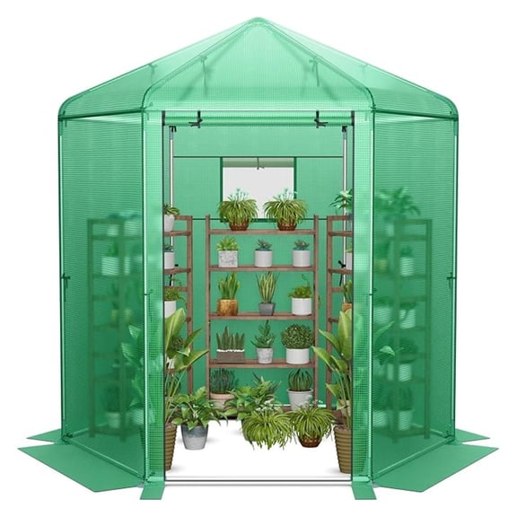 7 x 6 x 7.5 FT Walk-in Greenhouse, Large Outdoor Heavy Duty Greenhouse with PE Cover, Mesh Window & Roll-Up Door, Portable Greenhouses for Plant Gardening
