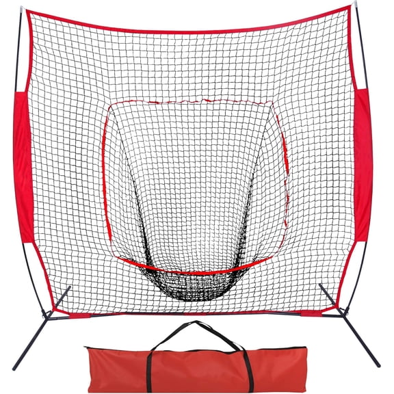 7' x 7' Baseball Softball Practice Net Batting Catch Pitching Training Net w/Carrying Bag and Metal Bow Rack, Flap Baseball Equipment Training Aids