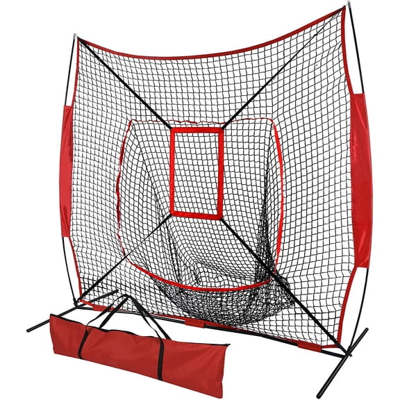 7'x 7' Baseball & Softball Practice Training Nets with Strike Zone, Portable Batting Pitching Hitting Catching Throwing Net w/Carry Bag & Metal Bow Frame Toss Backstop Training Aids