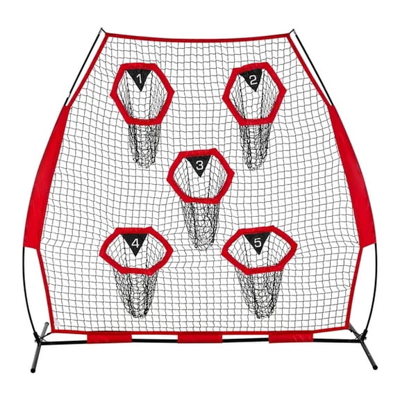 7 x 7 ft Football Trainer Throwing Net, Training Throwing Target Practice Net with 5 Target Pockets, Knotless Net Includes Straps and Portable Carry Case, Improve QB Throwing Accuracy, Red