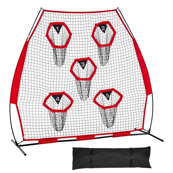 7 x 7 ft Football Trainer Throwing Net with 5 Target Pockets Knotless Net Straps and Portable Carry Case Improve QB Throwing Accuracy Red