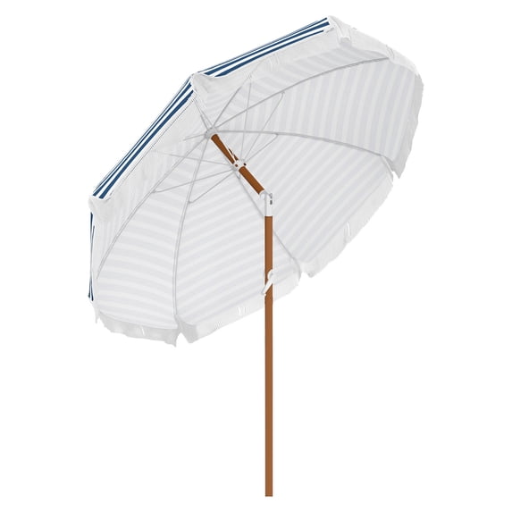 7 x 7 ft Outdoor Patio Umbrella with Tilt, Vent, Table Umbrella Parasol with Fringed Ruffles and Flounce, Blue Strip