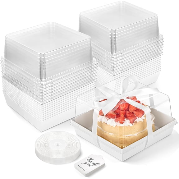 7 x 7 x 4 Inches Paper Cake Boxes with Clear Lids, 20 Pack Disposable Charcuterie Boxes Square Food Containers for 4-6 Inch Bundt Cake, Dessert, Pie, Cupcake, Bakery (White) White 20 Pack