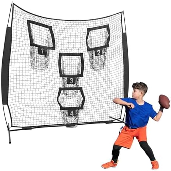7 x 7ft Football Trainer Net for Quarterback Accuracy Practice,Football Throwing Target with 4 Target Pockets,Knotless Net for Throwing Training, Portable with Carry BagBlack