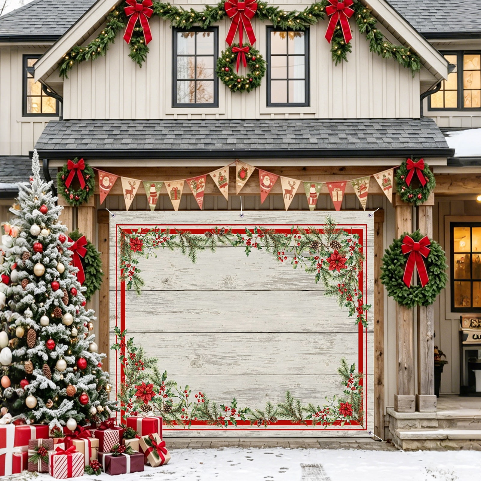 7 x 8 Ft Christmas Garage Door Cover, Christmas Poinsettia Large Garage ...