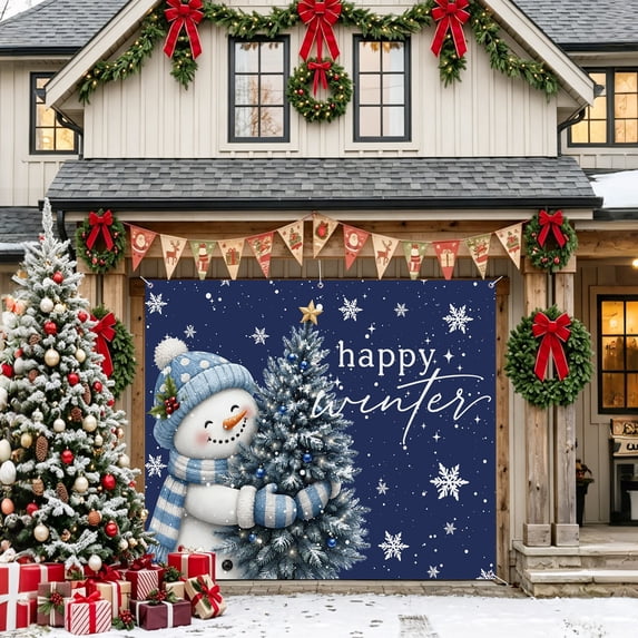 7 x 8 Ft Christmas Garage Door Cover, Christmas Snowman Large Garage ...