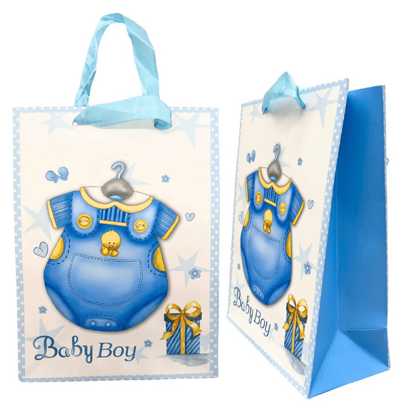 7 in x 9.5 in Baby Boy Small Decorative Gift Bag, Adorable Baby Outfit, Sweet Embellishments, Soft Blue Handle, Sturdy, Charming for Baby Shower Gifts, Newborn Essentials, Blue