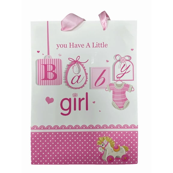 7 in x 9.5 in You Have A Baby Girl Small Decorative Gift Bag, Polka Dot Design with Baby Clothes, Rocking Horse, Sturdy Satin Ribbon Handles, Durable, Perfect for Baby Shower Gift, Girl
