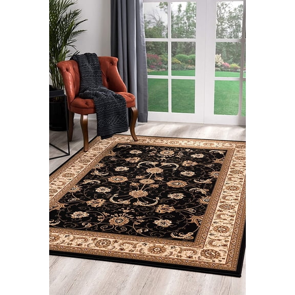 7’ x 9’ Black and Tan Floral Vines Area Rug