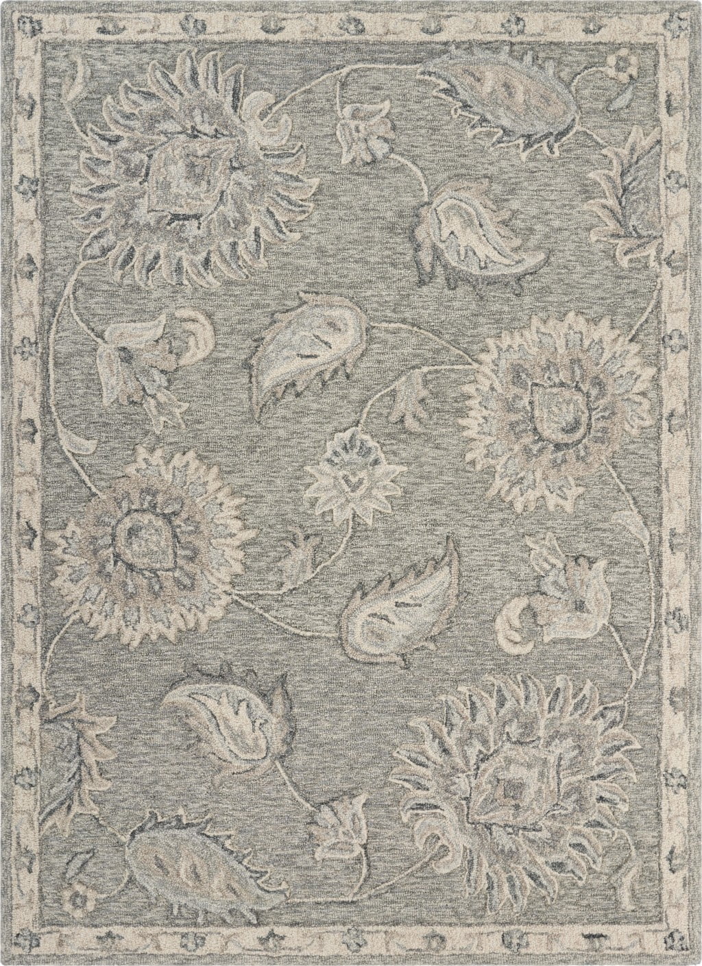 Gray Floral Handmade Wool and Cotton Area Rug