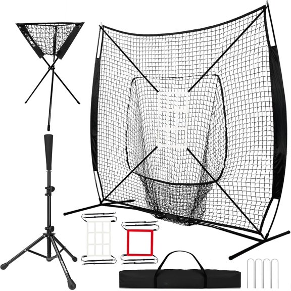 7'x7' Baseball Softball Practice Net,Baseball Backstop,with Batting Tee,Ball ,for Hitting Pitching Batting Catching with Bow Frame,Bonus Strike Zone,Portable and Foldable