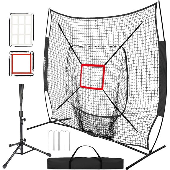 7'x7' Baseball Softball Practice Net,Baseball Backstop,with Batting Tee,for Hitting Pitching Batting Catching with Bow Frame,Bonus Strike Zone