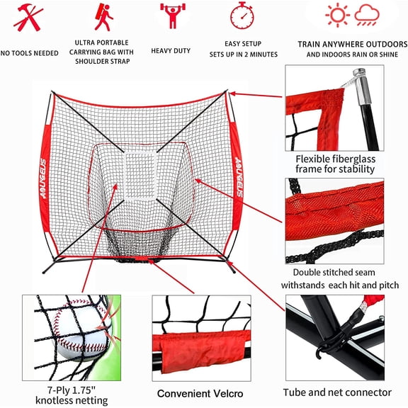7'x7' Baseball Softball Practice Net with Batting Tee, Strike Zone & Bow Frame - Red Net+Batter Dummy