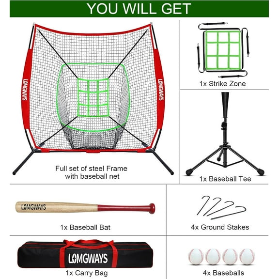 7'x7' Portable Baseball Net Set - Batting, Hitting & Pitching Practice Net with Baseball Tee, Carrying Bag, for All Skills