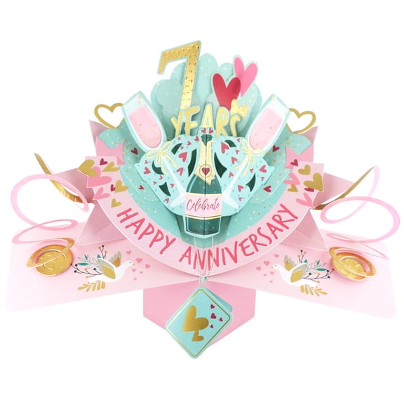7 years Happy 7th Anniversary Love Kates Pop-Up Card with Champagne & Hearts POP216