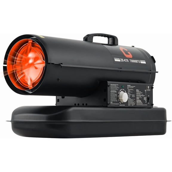 70,000 BTU Kerosene Forced Air Heater, K-1/Diesel Fuel Heater, 5 Gal Tank, Heats Up to 1,722 Sq. Ft., Thermostat Control, 120V/60Hz
