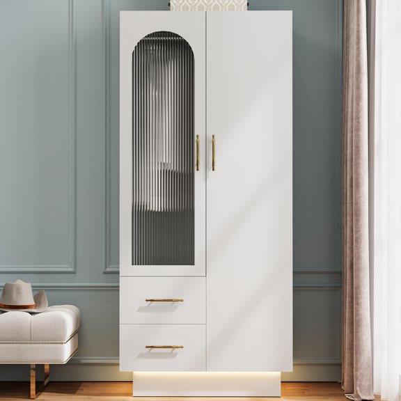70.07" Tall Storage Cabinet with 2 Doors, 2 Drawers & LED Light - Modern Floor Cabinet with Fluted Glass Doors, Hanging Rods & Adjustable Shelf for Home Office, White