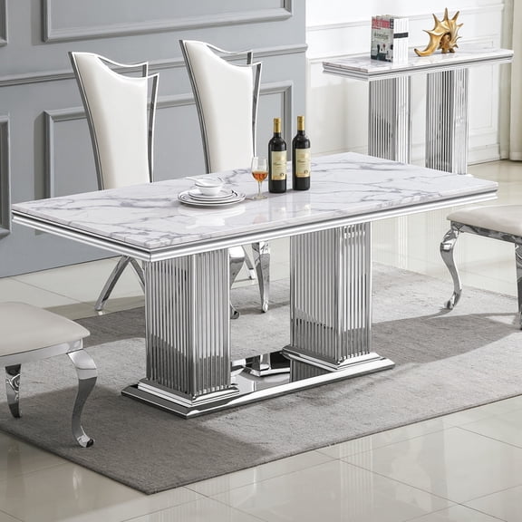 70.08"Faux Marble Rectangular Dining Table, Modern Luxury Silver Double Pillar Base Stainless Steel Legs for Kitchen, Living Room, Family Gathering