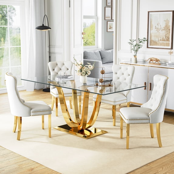 70.08”Glass Dining Table Set for 4,Modern Rectangle Clear Tempered Glass Top with U-Shaped Stainless Steel Base,4 Velvet Upholstered Dining Chairs for Apartment, Kitchen Dining Room,Small Spaces