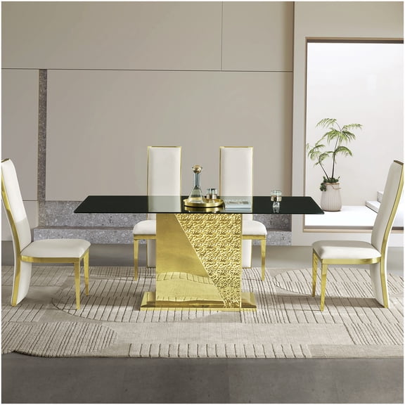 70.08 Inch Modern Dining Table, Gold Metal Legs with Black Tempered Glass Top, Sleek Kitchen & Dining Room Furniture