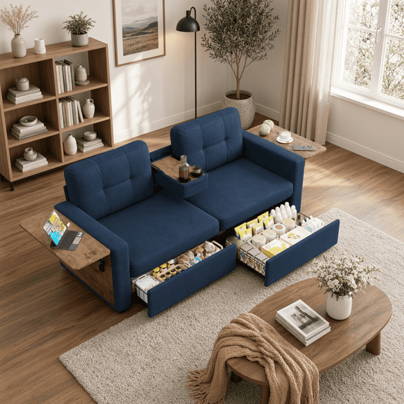 70.08" Loveseat Sofa with Storage Drawers, Chenille Couch with Foldable Side Tables & Cup Holder Console, 2-Seat for Living Room, Blue