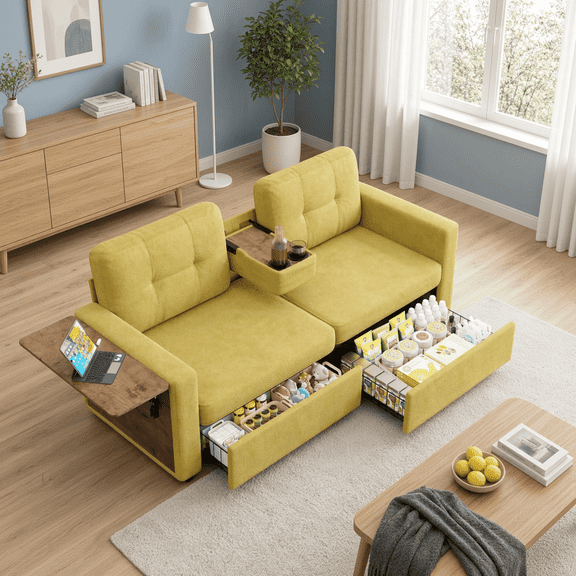 70.08" Loveseat Sofa with Storage Drawers, Chenille Couch with Foldable Side Tables & Cup Holder Console, 2-Seat for Living Room, Yellow
