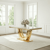 70.08" Modern Faux Marble Dining Table, Rectangular Luxury Gold Double U-Shaped Stainless Steel Legs for Kitchen, Dining Room