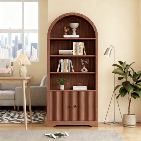 70.08" Tall Arched Bookcase, 2 Doors 6 Tiers Arch Cabinets with Storage, Mid-Century Modern Bookshelf with Adjustable Shelves, Wooden Display Cabinet for Office, Living Room, Kitchen