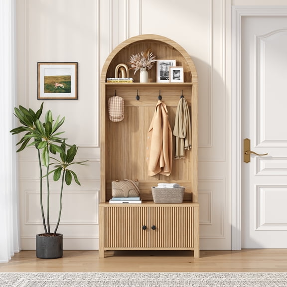 70.08" Tall Hall Tree with bench and shoe storage, 4-in-1 Entryway Coat Rack & Shoe Storage Cabinet with 4 Hooks, Bohemia Style Furniture Organizer for Hallway, Foyer