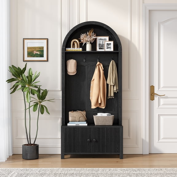 70.08" Tall Hall Tree with bench and shoe storage, 4-in-1 Entryway Coat Rack & Shoe Storage Cabinet with 4 Hooks, Bohemia Style Furniture Organizer for Hallway, Foyer